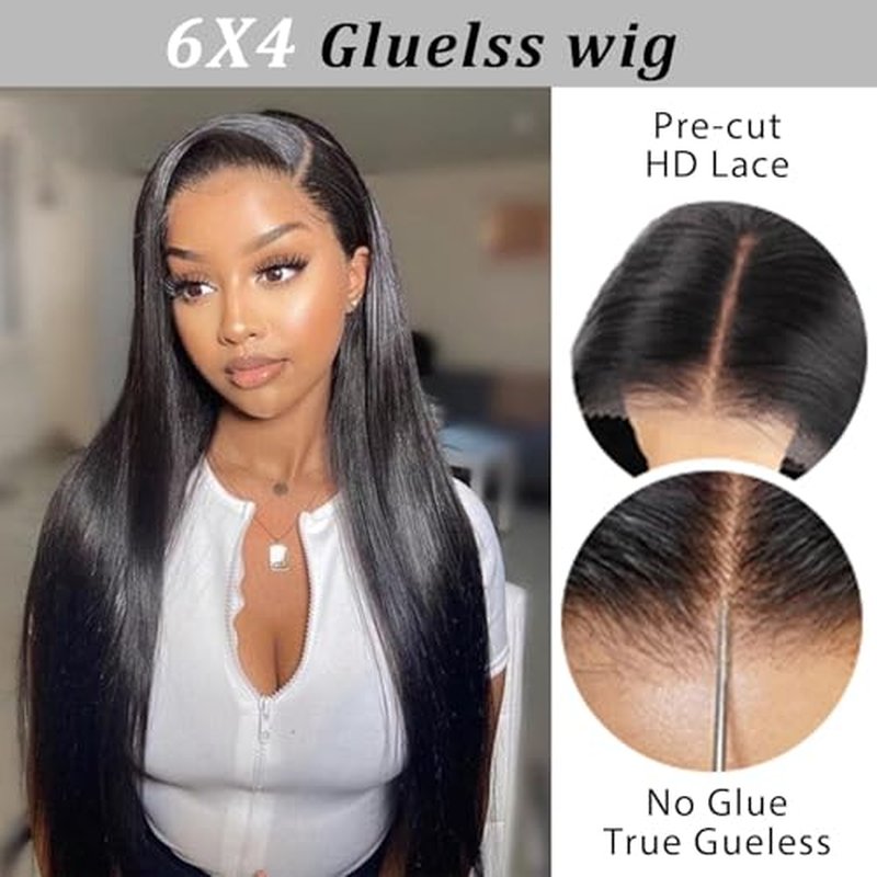 Glueless Wigs Human Hair Pre Plucked Pre Cut 6x4 Straight Lace Front Wigs Human Hair 28 Inch Hd Lace Front Closure Wigs for Women 180% Density Wear and Go Glueless Wig Ready to Wear Natural