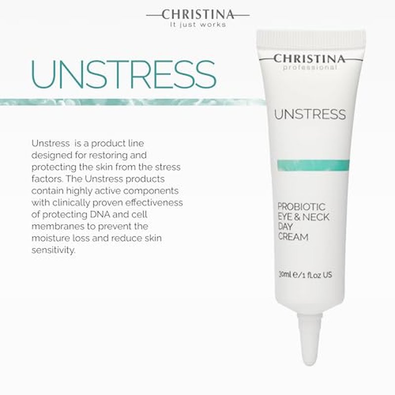 -CHRISTINA- Unstress Probiotic Eye & Neck Day Cream for Face | Peptide Eye Cream Nourishes, Protects, & Soothes Face Skin | Face Moisturizer for Normal, Dry & Sensitive Skin 1 fl. oz (30 ml)