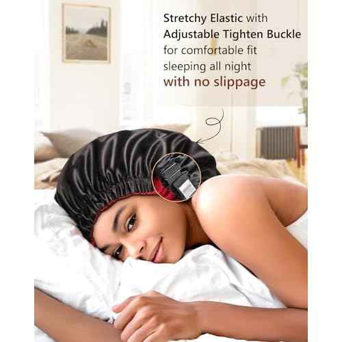 mikimini Satin Bonnet for Men and Women, Reversible Double Layer Sleeping Bonnet for Hair Braids with Anti-slip Adjustable Elastic Band Super Soft (XL, Black/Red)