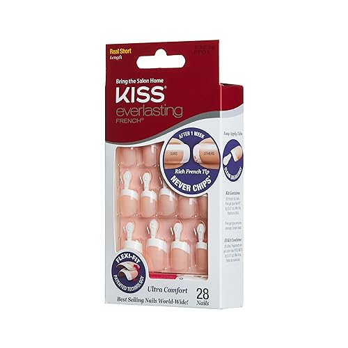 Kiss Everlasting French Nail Manicure, Chip-Free with Flexi-Fit Technology, Real Short, "Endless", Nail Kit with Pink Nail Glue (Net Wt. 2 g / 0.07oz.), Mini File, Manicure Stick, and 28 Fake Nails