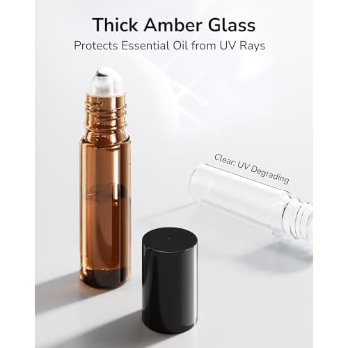 ULG 48-Pack Essential Oil Roller Bottles 10ml, Empty Bottles with Stainless Steel Roller Balls and Waterproof Labels, Amber Roller Balls For Essential Oils