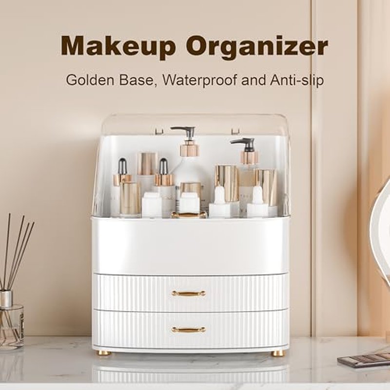 Makeup Organizer Countertop Vanity with Transparent Lid Drawers Waterproof Dustproof Cosmetic Skincare Bathroom Storage Gift for Women Teens Girls (Whtie)