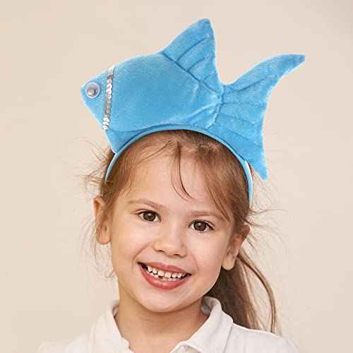 LOGOFUN 3Pcs Fish Headband Plush Animal Headbands Funny Cosplay Headwear Props Halloween Party Dress Up Accessories (Blue)