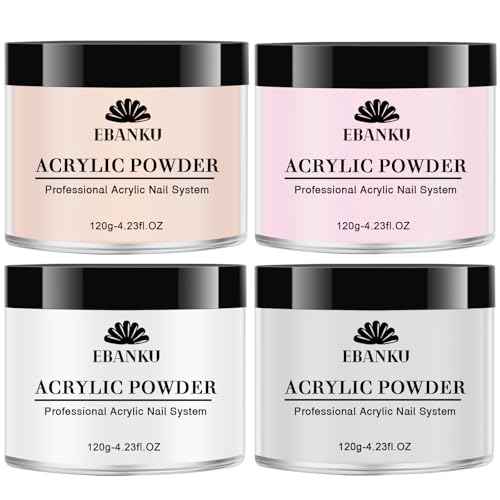 EBANKU 4 Colors Acrylic Powder Set Nude Pink White Clear Acrylic Nail Powder Acrylic Powder for Acrylic Nail Extension Nail Carving, Long-Lasting, No Nail Lamp Needed, Large Capacity 4.23oz*4