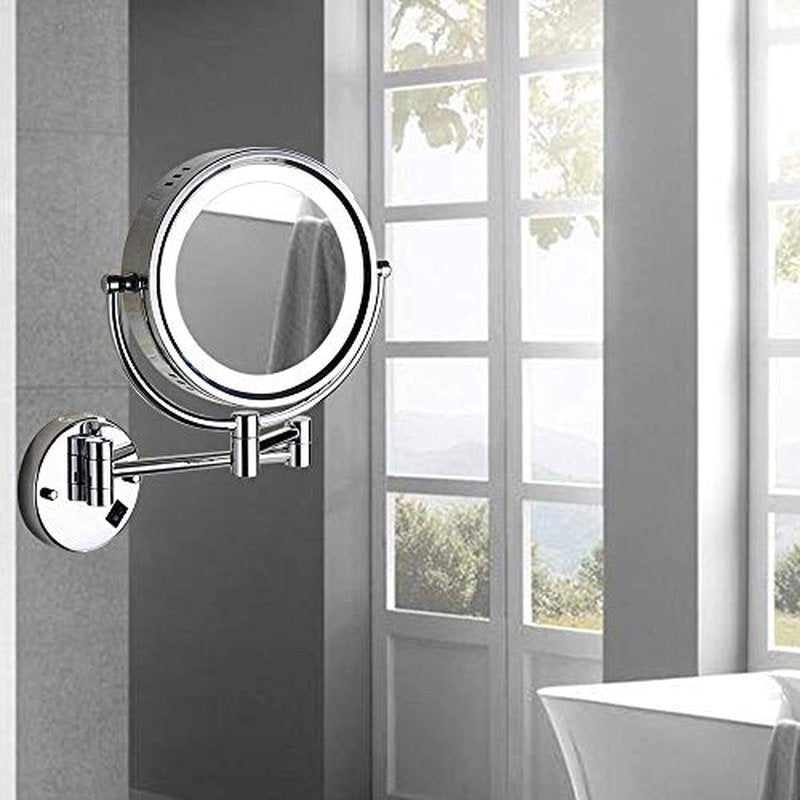 Hardwire LED Lighted Wall Magnifying Mirror for Bathroom with 10x Magnification Sliver,9 Inch Round Surface 13" Extendable Arm Polish Chrome
