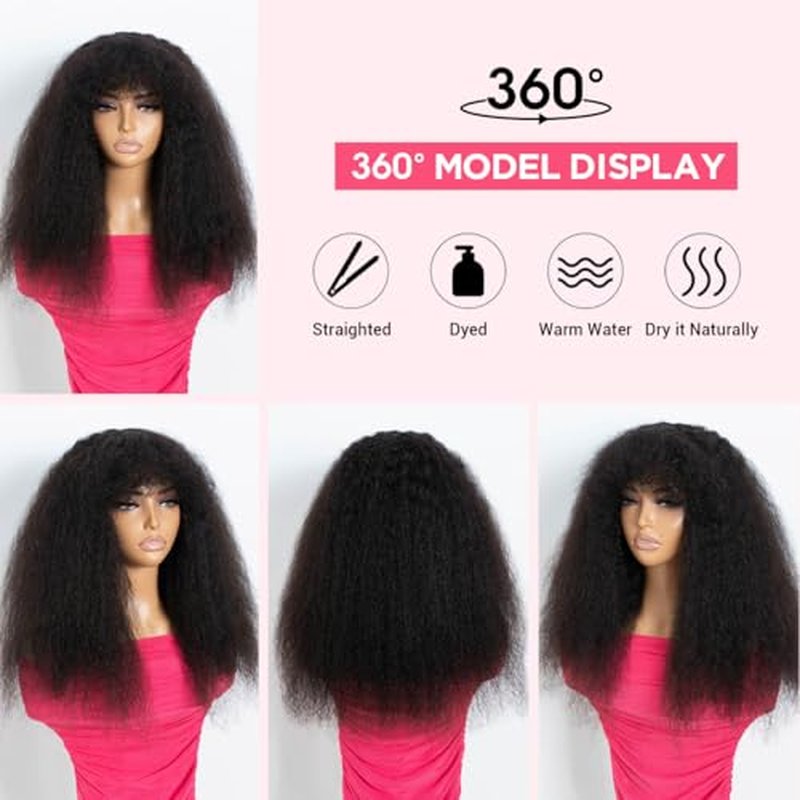 Rebecca Fashion Afro Kinky Curly Wig with Bangs Human Hair Glueless Minimalist 2.5x1 Lace Scalp Wig for Women Glueless Wear and Go Wigs Natural Color