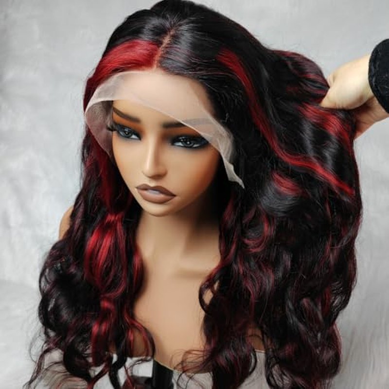 Red Highlight Body Wave Lace Front Wig 13x4 Transprent HD Lace Frontal Wig Brazilian Human Hair Wigs Pre Plucked Remy Wine Red Ombre Hair 180% Middle Deep Parting Virgin Hair Wigs for Women