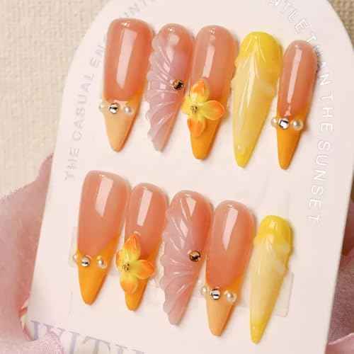 100% 5D Handmade Press on Nails with Charms Long Stiletto Nails Press ons- Water Ripple False Nails Ombre Orange Yellow Press on Nails Summer Fake Nails for Women Girls Daily Wear DIY Manicure Size M