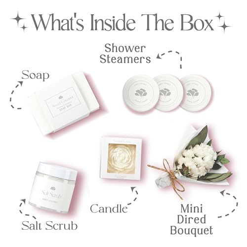 Sweet Coconut Small Spa Gift Set for Women ? Relaxation Gift Basket with Candle, Soap, Salt Scrub & Shower Steamers ? Unique Birthday, Bridal Shower, Christmads, Thank You & Self Care Gifts