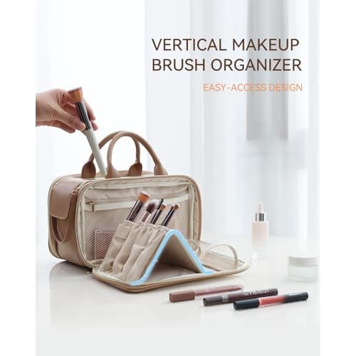 Prite Makeup Bag for Women, Large Capacity Waterproof Travel Cosmetic Organizer, Portable Open Flat Toiletry Bag with Free-standing Brush Holder and Handle(Beige Brown Large)