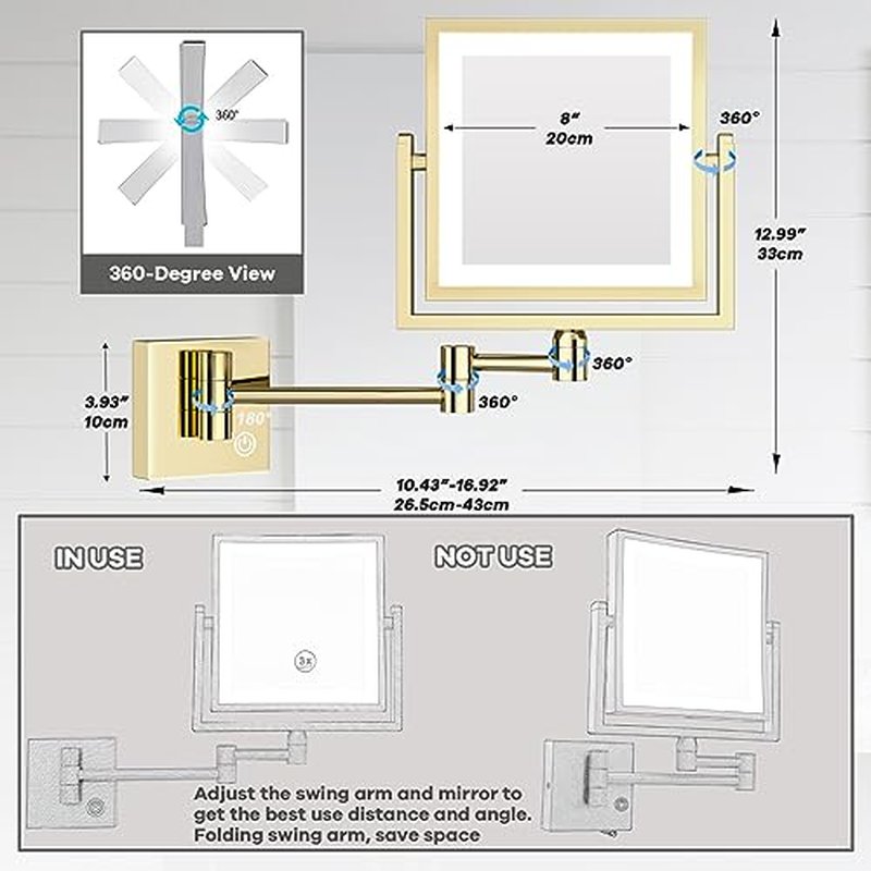LED Lighted Makeup Mirror Wall Mounted Square, 1/3X Bathroom Magnifying Mirror Wall Mounted with Light, Touch Dimming, Rechargeable, PVD Zirconium Gold