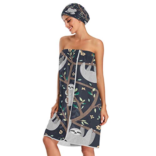 Women's Spa Towel Wrap Set of 3, Cute Sloths Bathrobe Shower Bath Body Wrap with Adjustable Closure