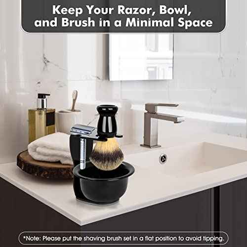 Mens Shaving Brush and Bowl Set, 3 in 1 Shaving Brush Set for Men with Shave Brush Bowl ABS Stand with Razor Slot, Perfect Father's Day Men Gift Set for Wet Shaving Experience - Black