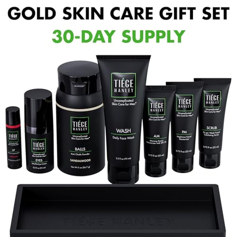 Tiege Hanley Skin Care Gift Box for Men, Gold Gifting Skincare Set With Face Wash, Exfoliating Scrub, AM & PM Moisturizer, Eye Cream, Lip Balm, & Anti Chafing Powder, Men¡¯s Skin Care, 8 Piece Set