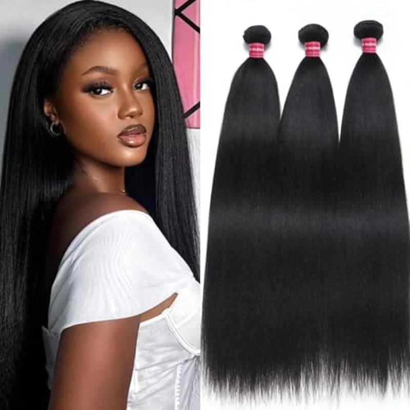 UNICE 12A Silk Yaki Straight Human Hair Weave 3 Bundles Unprocessed Virgin Real Human Hair Weft Sew in Human Hair Extensions for Women 8 10 12inch