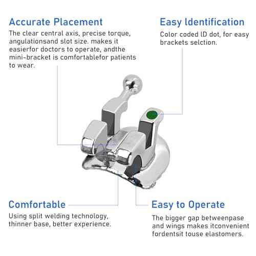 YYING 5 Packs Orthodontic Metal Brackets Dental Braces Mini MBT Slot.022 with Hooks 3-4-5