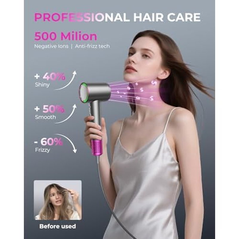 SHRATE Professional High Speed Ionic Hair Dryer | Ultra-Fast Drying | 500 Million Negative Ions | Low Noise | 160000 RPM | Compact Blow Dryer with Magnetic Diffuser for Faster Drying All Hair Types