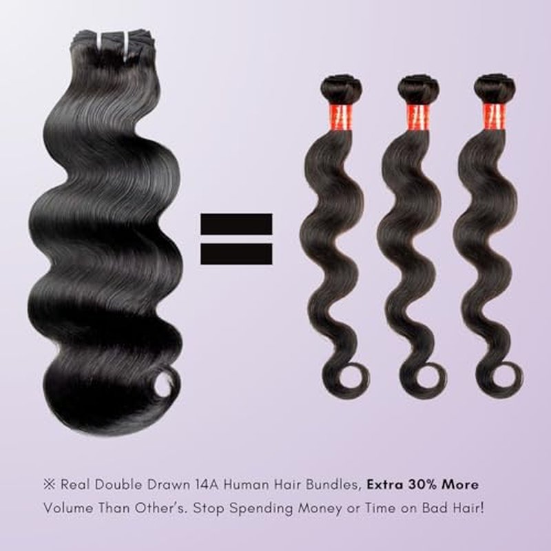 14A Raw Bundles Human Hair Body Wave, 100% Indian Virgin Raw Hair Bundles Wavy Long Lifespan No Shedding Double Drawn Premium Full-Bodied Quality Quick Weaves #Natural Black (14 14 14 Inch)