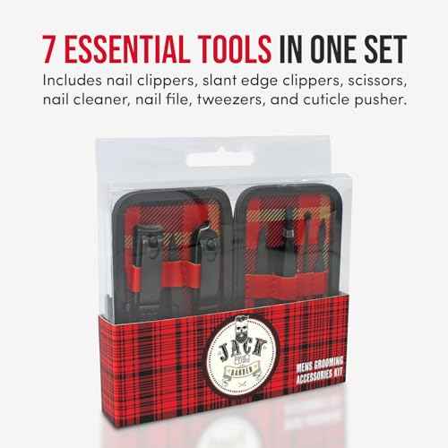 JACK THE BARBER 7 Piece Men's Grooming Kit Stainless Steel, Nail Clippers, Scissors, Nail Cleaner, Nail File Tweezer, and Other Accessories, Best Care Tools for Man.