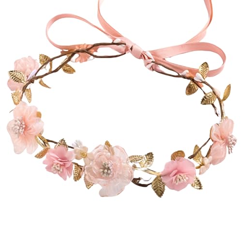 Pink Flower Crown Headband - Floral Headband for Women Floral Girl Headpiece Fairy Flower Renaissance Hair Accessory for Girls Women Birthday Wedding Party Photo Props