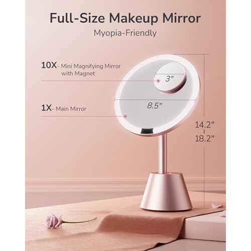 ULG 10X Magnifying Mirror with Light, Lighted Makeup Mirror with Magnification, 2AC + 3USB Charging Station 3 Colors Makeup Mirror Dimming 1500lux Bright Soft Light, Rose Gold