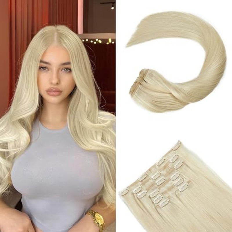 FoxFace Clip in Hair Extensions Real Human Hair, Thick Extensions from Root to Tip, Natural Hair Clip Ins, Platinum Blonde, 24 Inch 120g 7Pcs