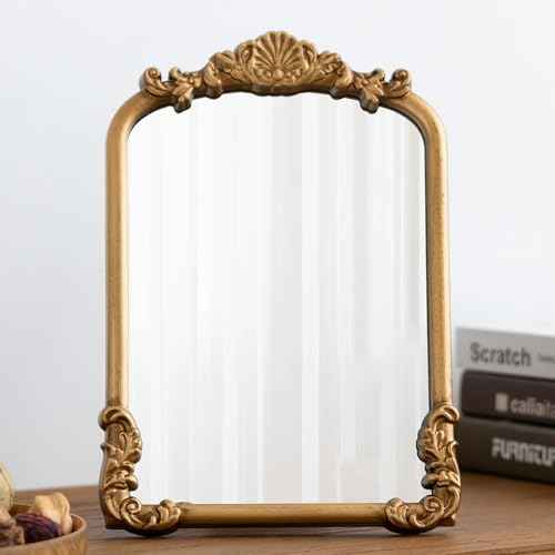 Vintage Vanity Small Gold Mirror Antique Makeup Desk Mirror with Stand Arched Table Mirror for Living Room Tabletop Countertop Bedroom Bathroom 8.5x12