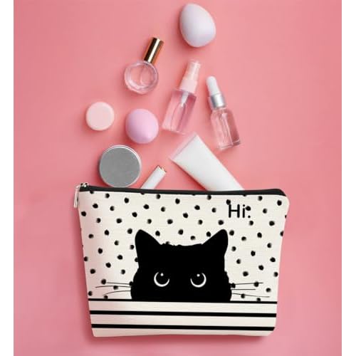 Cat Makeup Bag - Black Cat Purse, Small Cute Makeup Bag Cosmetic Bag For Women & Teen Girls, Cat Lady Gifts For Women (Polka Dot)