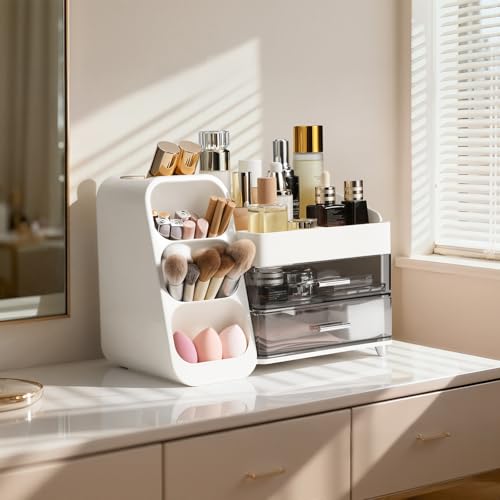 Delamu Makeup Organizer Countertop, Spacious Cosmetic Display Case with Makeup Brush Holder, Perfect Vanity Bathroom Organizer and Storage, Ideal Christmas Gifts for Women Girls, White