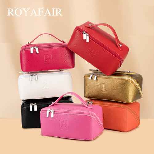 ROYALFAIR Travel Makeup Bag,Large Capacity Cosmetic Bags for Women, PU Leather Waterproof Portable Pouch Open Flat Toiletry Bag Make up Organizer with Divider and Handle (red)