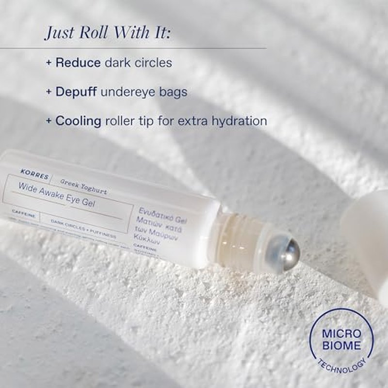 KORRES Greek Yoghurt Wide Awake Eye Gel Serum with Hyaluronic Acid and Caffeine for Dark Circles, Puffy Eyes and Under Eye Bags, Roller Massage Ball Applicator, Brightening and Hydrating, 0.51 fl oz