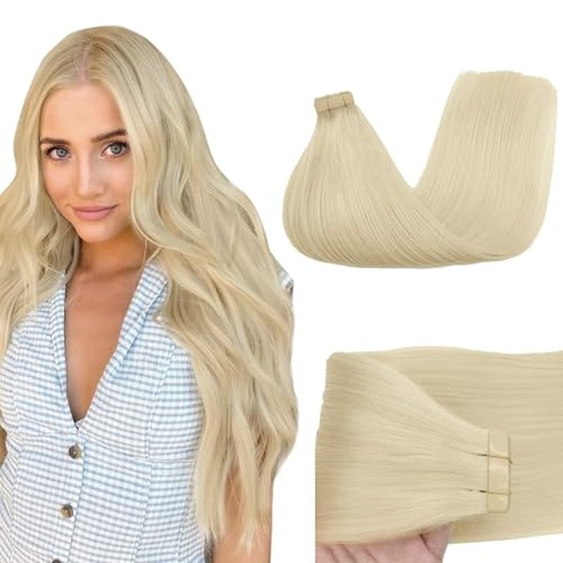 GOO GOO Tape in Hair Extensions Human Hair, 60A Platinum Blonde, 24inch 50g 20pcs, Skin Weft Seamless Invisible, Silky Straight with Thick Ends, Remy Human Hair