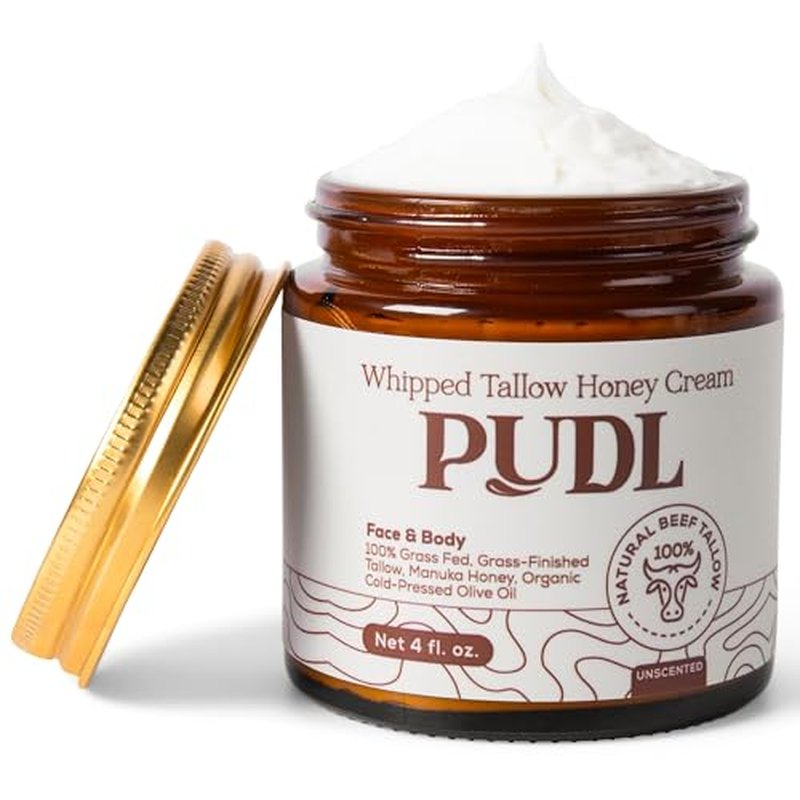 PUDL Grass Fed Beef Tallow for Skin Care with Manuka Honey, Organic Olive Oil and Jojoba Oil ? Whipped Lotion Balm Anti-Aging Moisturizer Deeply Nourishing for Sensitive Skin Face & Body