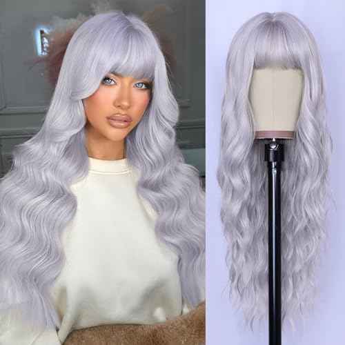 NAYOO Gray Wigs with Bangs - Long Curly Wavy Synthetic Fiber Wigs for Daily Party Use - Heat Resistant - 26 Inches (Silver Gray)