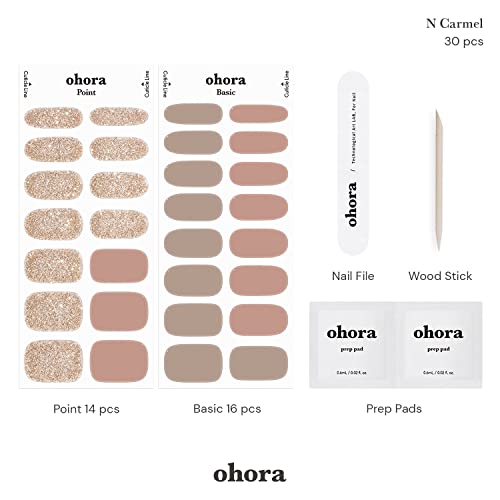 ohora Semi Cured Gel Nail Strips (N Carmel) - Nude, Glitter, Works with Any UV/LED Lamps, Salon-Quality, Long Lasting, Easy to Apply & Remove - Includes 2 Prep Pads, Nail File & Wooden Stick