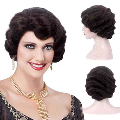 REEWES Long 1920s Wig Finger Wave Wig Curly Short Wig Vintage Wigs for Women Lady Synthetic Heat Resistant Full Wigs Cosplay Costume Fancy Dress With Wig Cap (Brown(short))