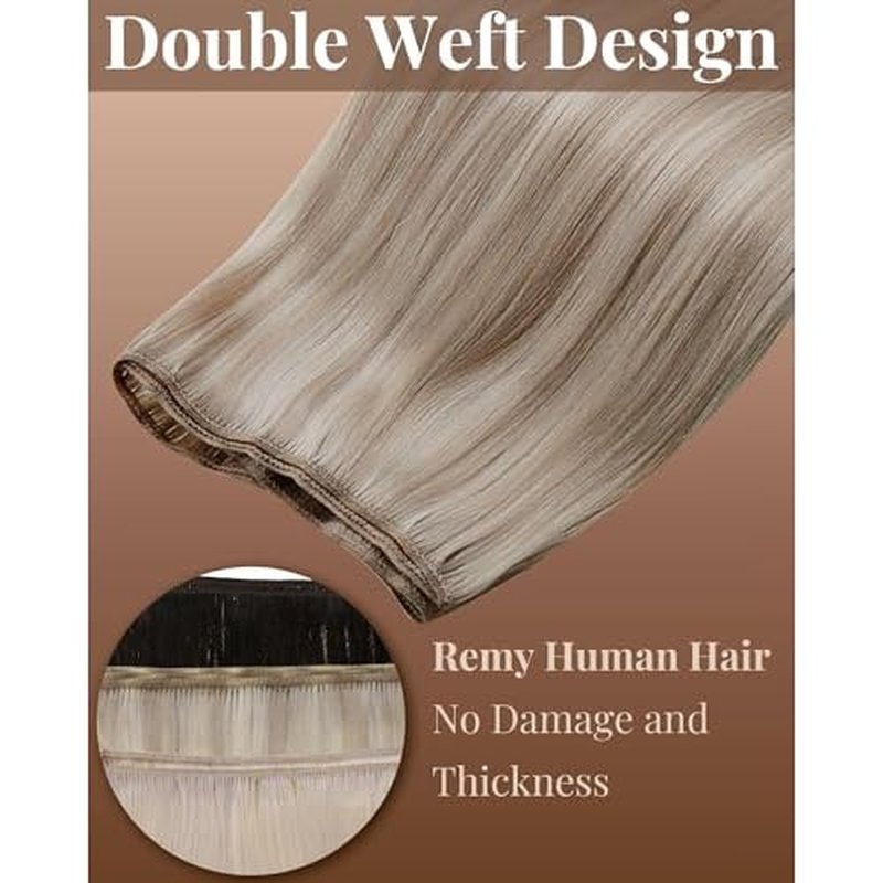 Hetto Sew in Hair Extensions Real Human Hair Ash Blonde Highlights Weft Hair Extensions Human Hair Blonde Highlights Sew in Hair Extension Double Weft 22 Inch 100g
