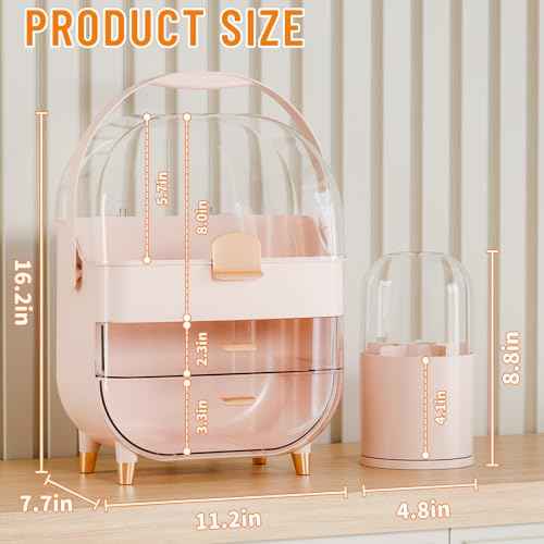 Yieach Countertop Makeup Organizer for Vanity,Large Capacity Skincare Organizers With Drawers and Makeup Brush Holder,Cosmetic Display Cases with Clear Cover for Bathroom,Dresser,Beauty Product,Pink