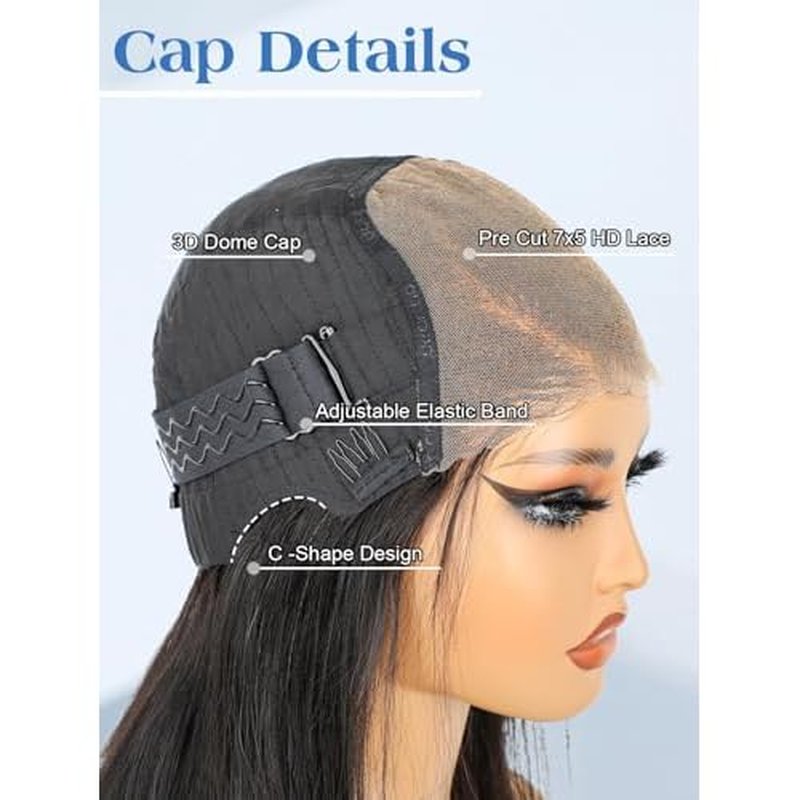 16 Inch Bob Straight Side Part 7x5 Wear and Go Glueless Wigs Human Hair Pre Cut Pre Plucked Bleached HD Lace Front Bob Wig Human Hair 180% Density Short Straight Wigs for Black Women