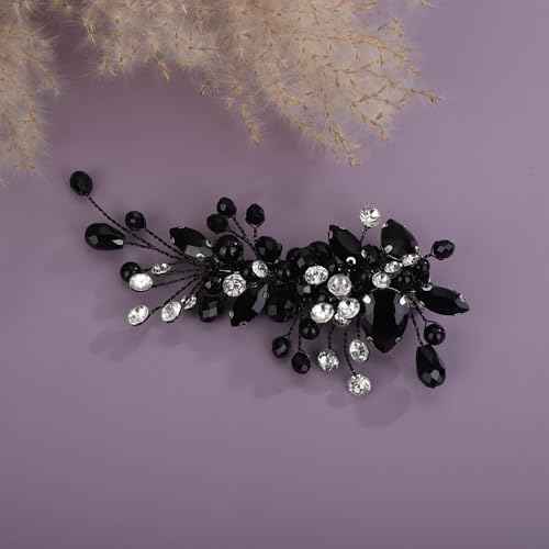 Teyglen Bridal Rhinestone Hair Clip Black Pearl Crystal Hair Barrette Sparkly Hair Piece Wedding Hair Clips Hair Accessories Jewelry for Women (Black)