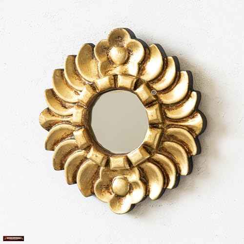 Handmade Small Gold Round Mirror 6in | Peruvian Hand-Carved Wood Hanging Mirror with Gold Leaf Finish for Wall Decor (Gold)