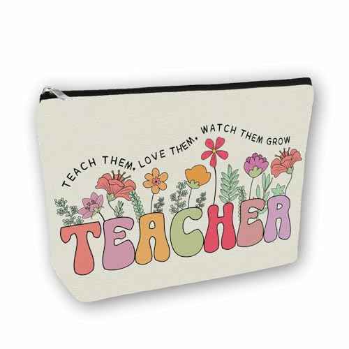 Teacher Appreciation Gifts Makeup Bag: Floral Themed Cosmetic & Toiletry Organizer Pouch For Women & Girls Teachers - Ideal Gift for Travel, Birthdays, Christmas, Teacher's Day, Thanksgiving Day.