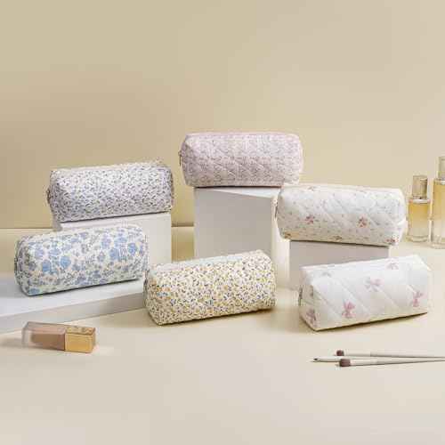 Cute Floral Cotton Makeup Brush Cosmetic Bag for Women, Travel Quilted Zipper Make Up Bag, Flowers Toiletry Organizer Case Kawaii Makeup Cosmetic Travel Cloth Pouch (Pink Floral)