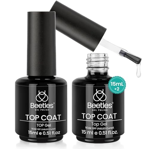 beetles Gel Polish 2Pcs 15ml No Wipe Top Coat Gel Nail Polish High Gloss Shiny Long-Lasting Clear Gel Top Coat, Soak Off Nail Lamp, Christmas Nails Home DIY Manicure and Nail Salon Gifts for Girls
