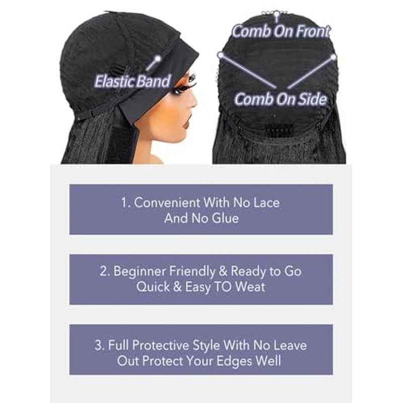 ORIGINAL QUEEN Kinky Straight Half Wig with Headband Human Hair No Lace Headband Wig Wear and Go Glueless Wigs Human Hair for Black Women 16Inch