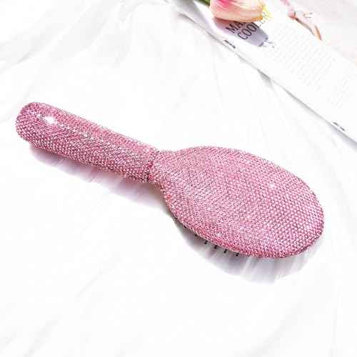 1 Pack Rhinestone Hair Brush Detangling Bling Detangle Massage Sparkle Compact Comb Crystal Air Cushion for Women Wet Dry (All Pink-Round)