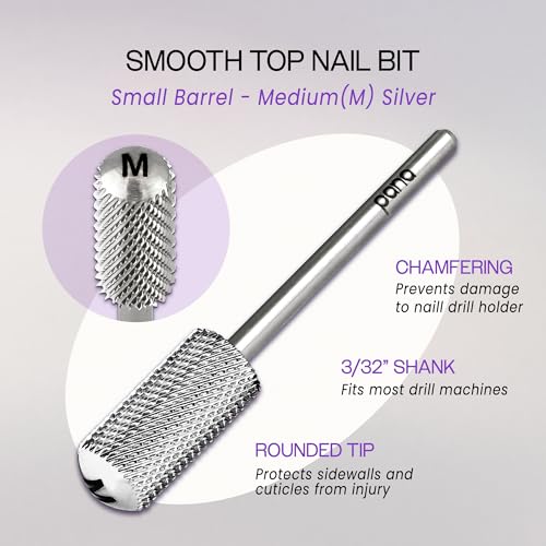 PANA 3/32" Small Smooth Round Top Safety Carbide Nail Drill Bit for Gel Polish & Acrylic Removal Nail Salon Manicure Pedicure Electric File Tools (Small Barrel - Silver, Medium)