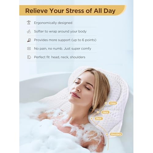 Bath Pillow Luxury Bathtub Pillow, Bath Pillows for Tub Neck and Back Support, Bath Tub Pillow Headrest with Soft 4D Air Mesh Fabric & Non-Slip Suction Cups, Fits All Bathtub Relaxing Bath Accessories