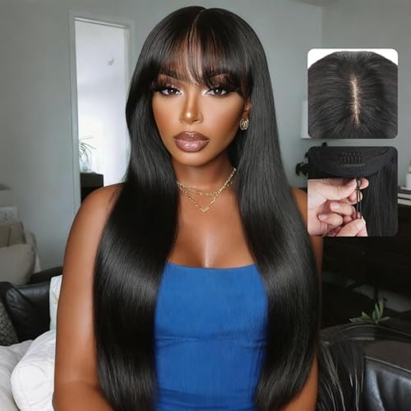Straight Human Hair Wigs with Bangs 2x4 Lace Closure Wigs Human Hair 180% Density Drawstring Glueless Wigs Human Hair for Women Lace Front Wigs Human Hair Natural Black 18inch.