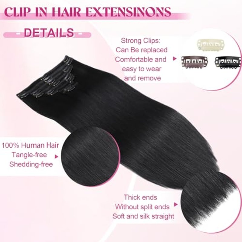 Clip in Hair Extensions Real Human Hair, Remy Human Hair Extensions Clip ins for Women, 100% Natural Human Hair, Double Weftm, 24inch 120g 8Pcs, #1 Jet Black
